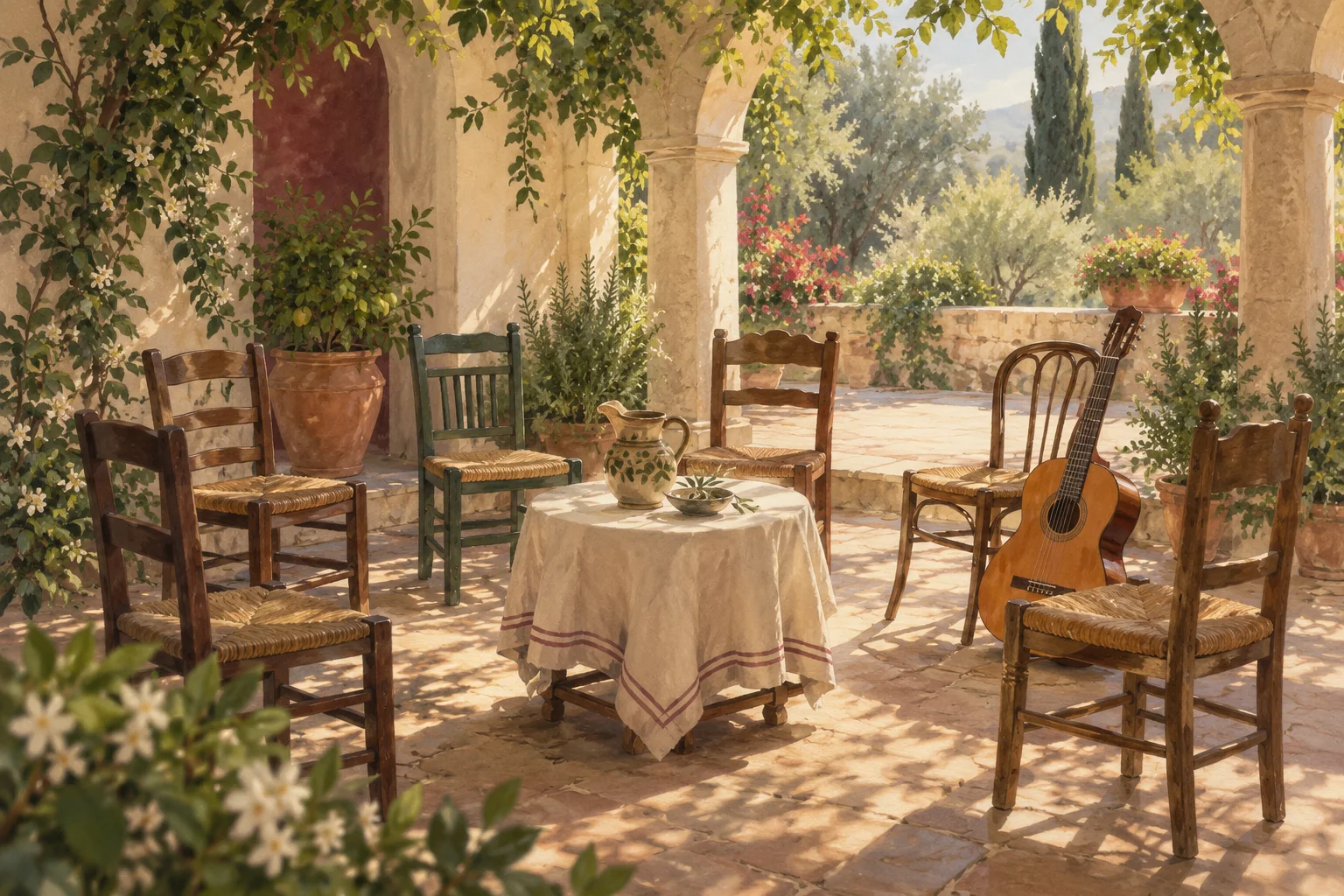 Ilustración conceptual de seis sillas vacías, una guitarra y una mesa con jarra en un patio.