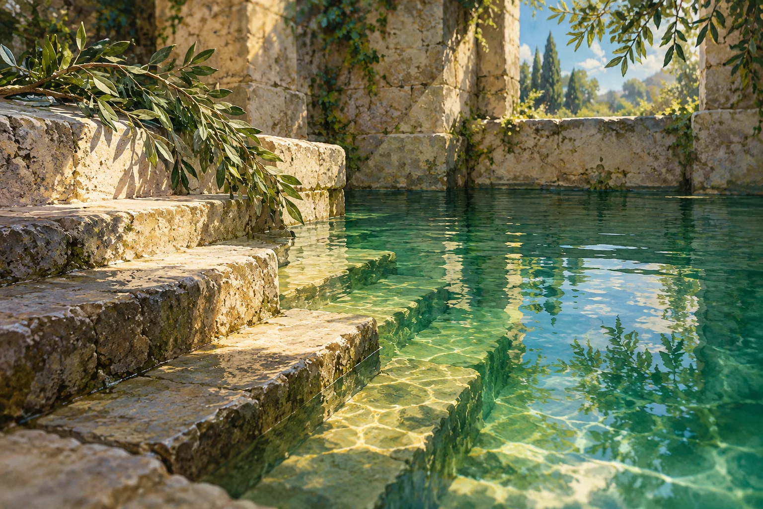 Ilustración conceptual de una piscina de piedra con escalones, agua y reflejos de luz.