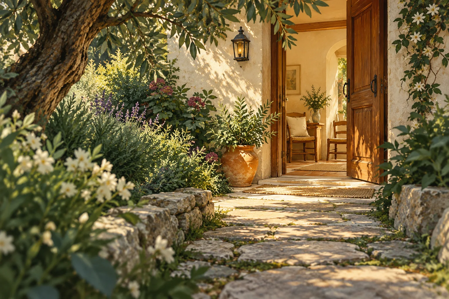 Ilustración conceptual de un camino de piedra que conduce a la puerta abierta de una casa.