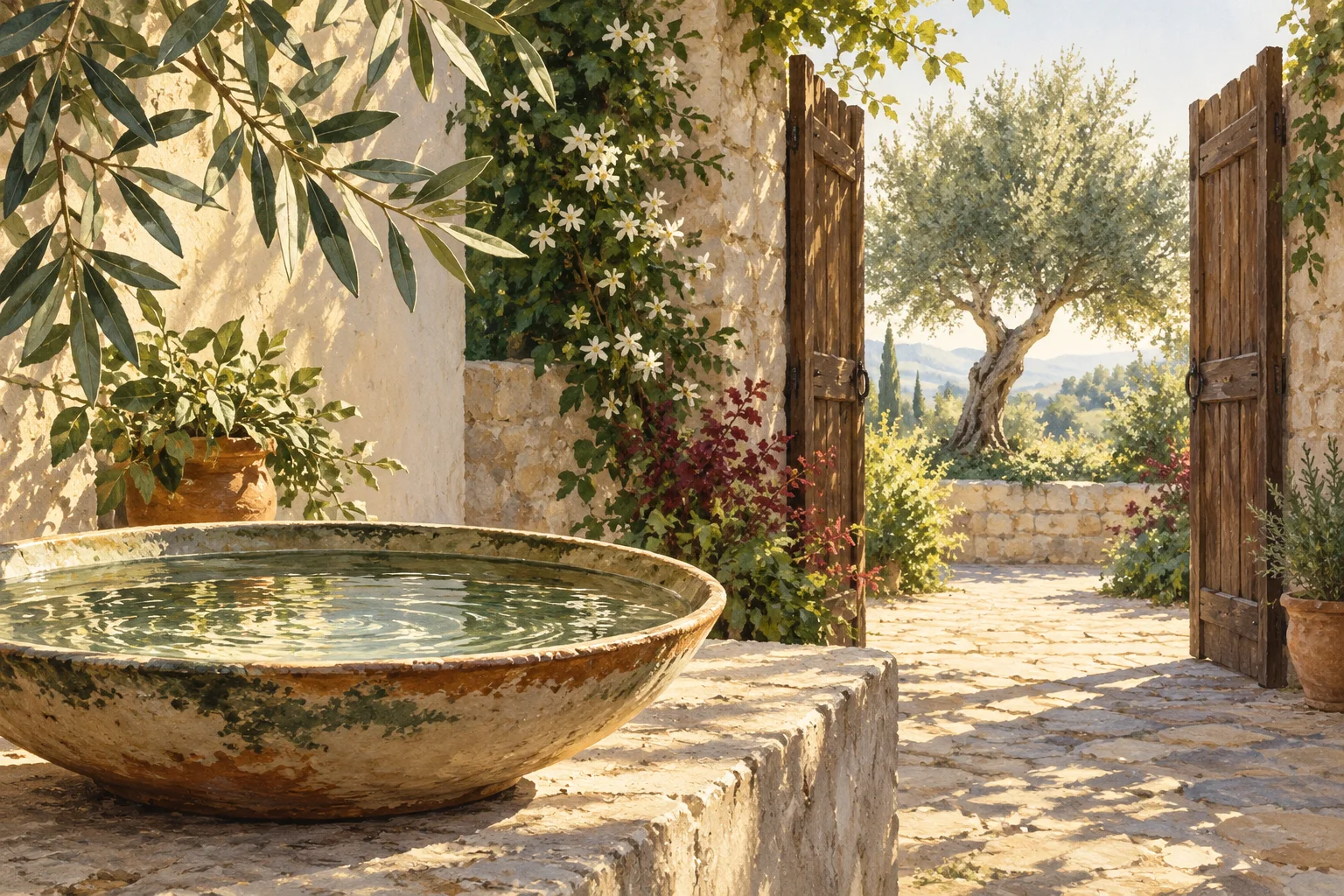 Ilustración conceptual de un cuenco con agua en un patio y una puerta abierta hacia un olivo.
