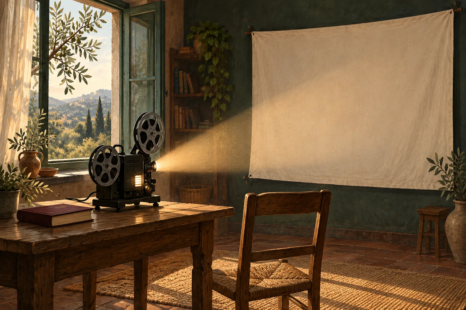 Ilustración conceptual de un proyector de cine que ilumina una pantalla vacía en una habitación.
